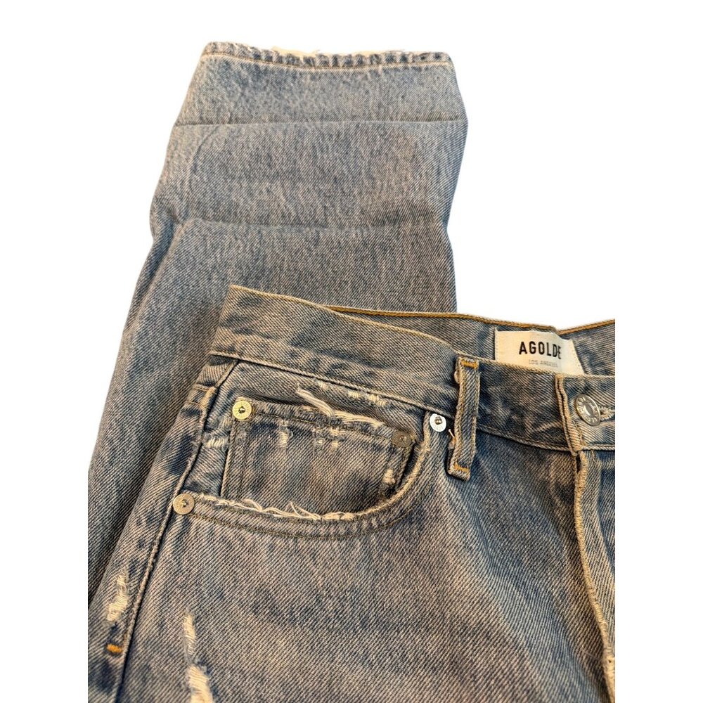 Agolde 90s Jeans Distressed Destroyed Holes Blue Denim Button Fly USA Size 24 - Picture 3 of 8